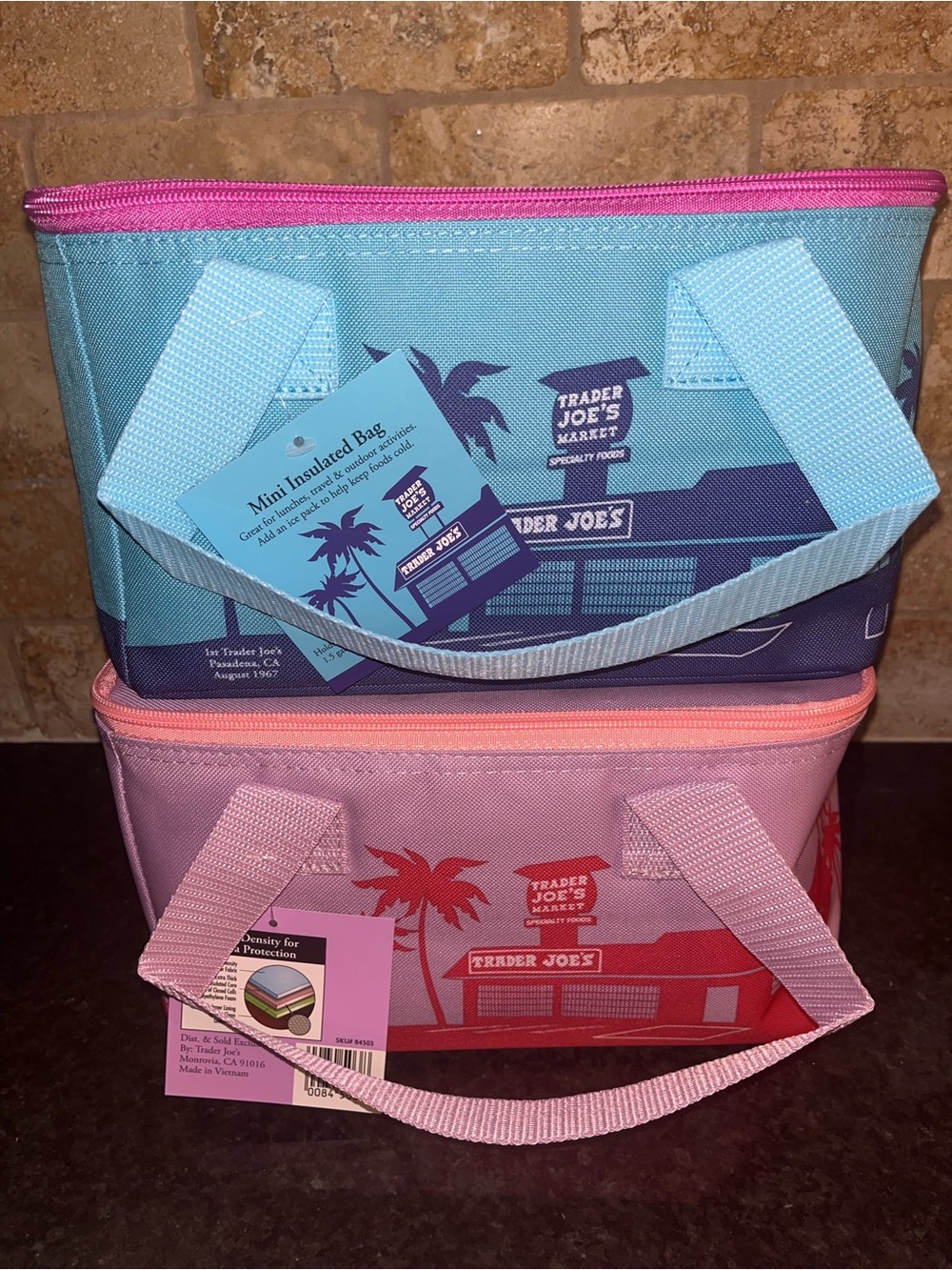 NWT Authentic Trader Joe’s Mini Insulated Bags Set of 2 Pink Blue Cooler